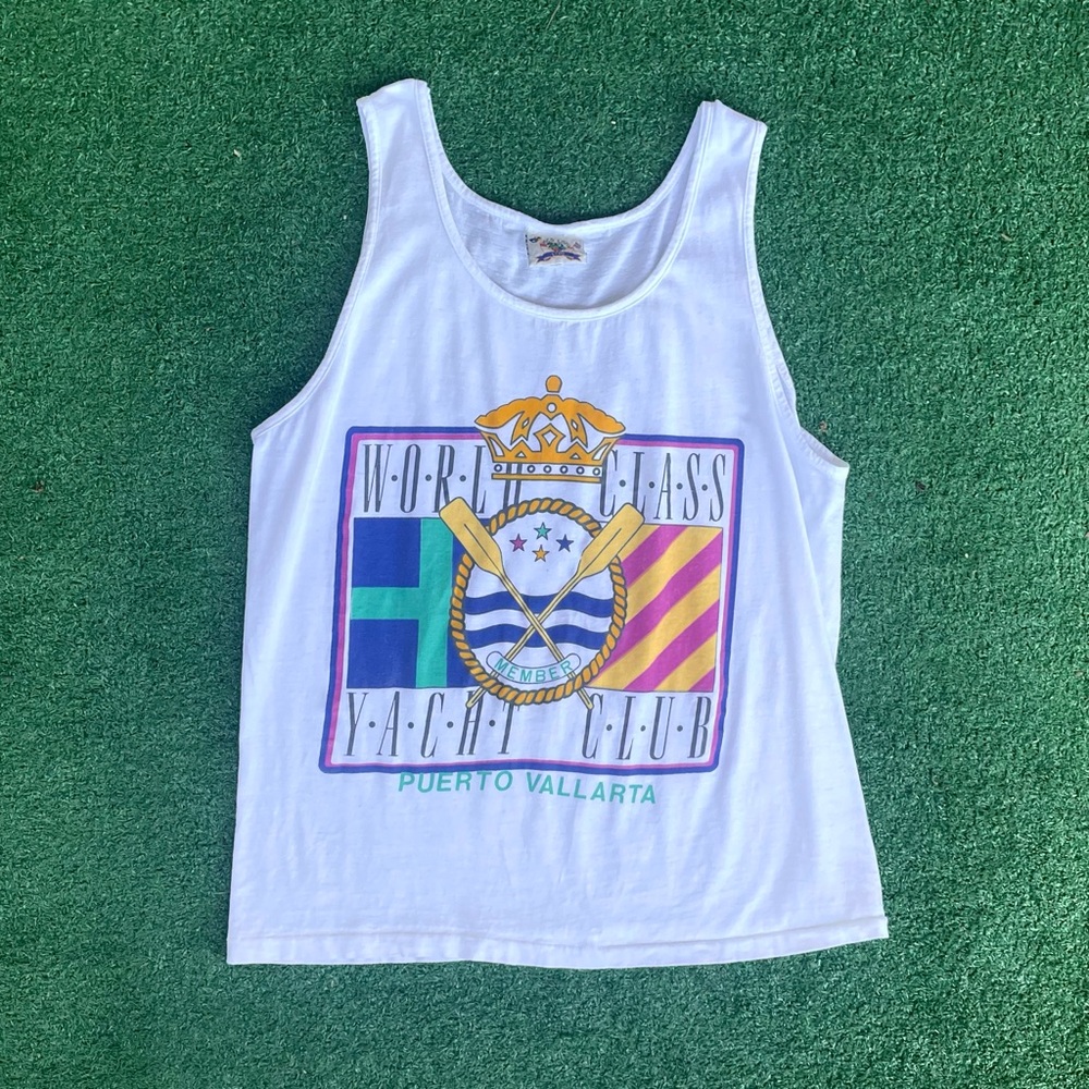 Vintage World Class Yacht Club Puerto Vallarta Graphic Tank Top - White
